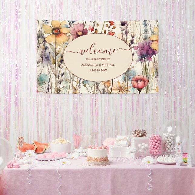 Boho Botanical Watercolor Wildflowers Wedding Banner (Party)