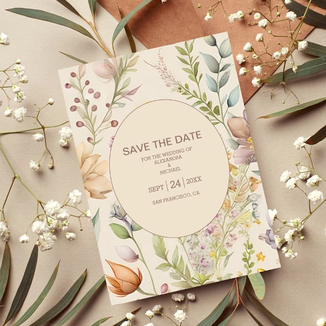 Boho Botanical Watercolor Wildflowers Wedding Save The Date (Creator Uploaded)
