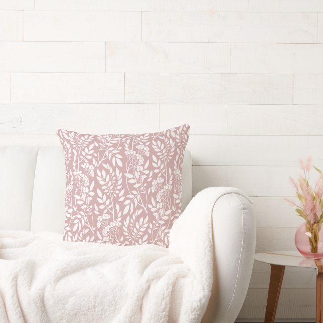 Boho Botanical White Foliage Rose Pink Cushion (Couch)