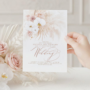 Boho Botanical White Orchids Pampas Grass Wedding Invitation