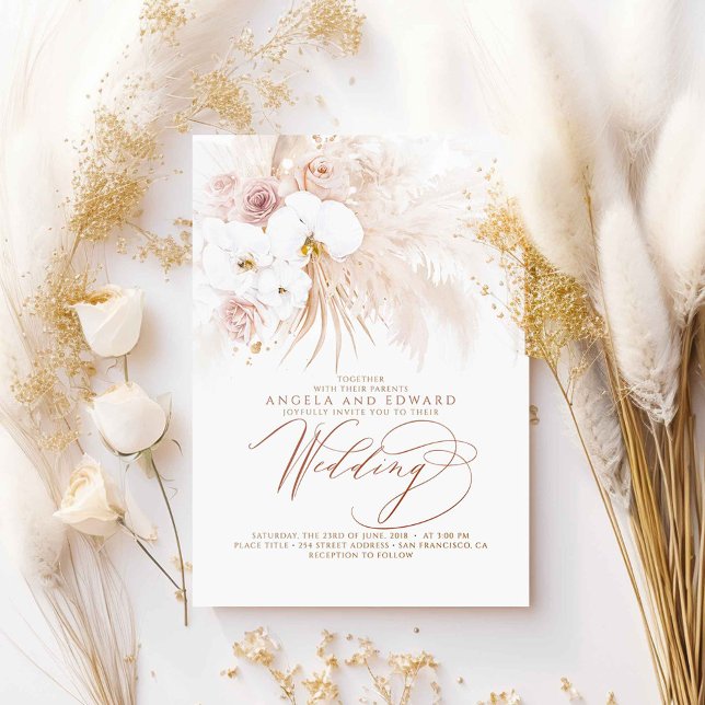 Boho Botanical White Orchids Pampas Grass Wedding Invitation (White Orchids and Pampas Grass Boho Wedding Invitations)