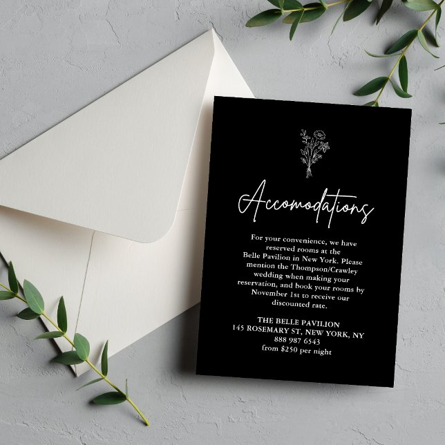 Boho Botanicals Black Wedding Accommodations Enclosure Card (Botanical black accommodations enclosure card shares stay details with sleek style for your guests)