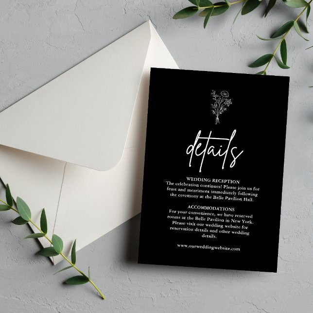 Boho Botanicals Black Wedding Details Enclosure Card (Boho botanical black details enclosure card shares key info with sleek style in your wedding suite)