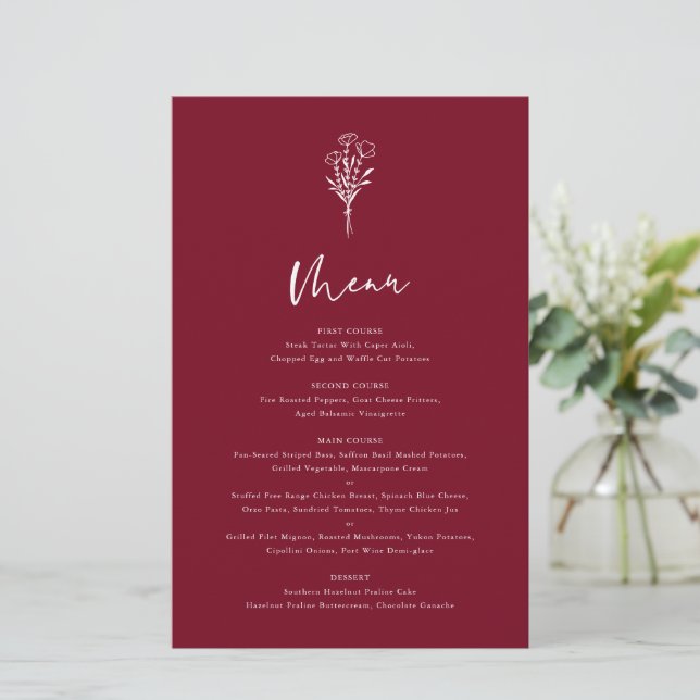 Boho Botanicals Burgundy Wedding Menu Card (Standing Front)