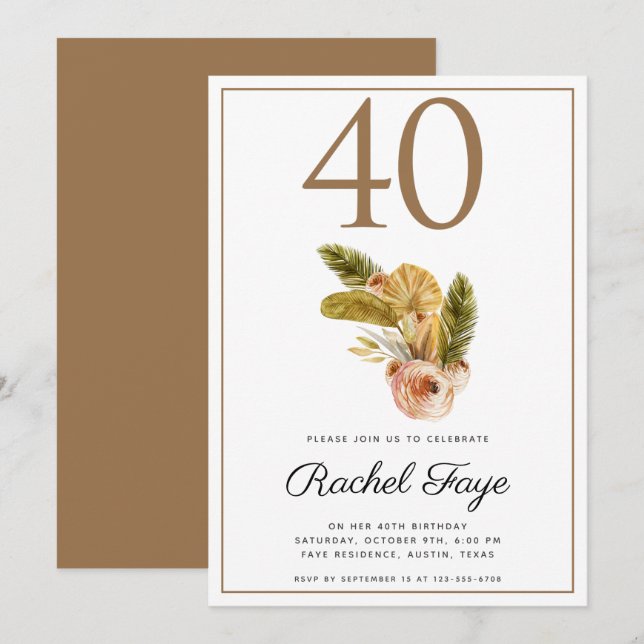 Boho Bouquet 40th Birthday Party Invitation (Front/Back)