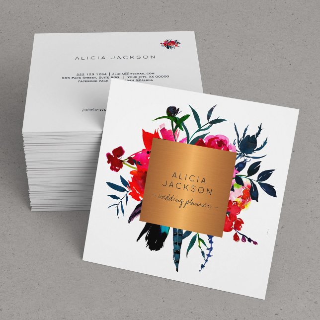 Boho bouquet copper gold wedding planner square business card (Creator Uploaded)