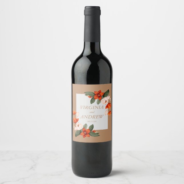Boho bouquet with fiery flowers wine label (Front)
