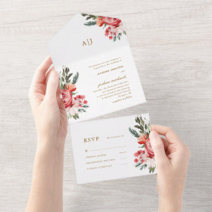 Boho Bouquet with Roses Wedding All In One Invitat Invitation