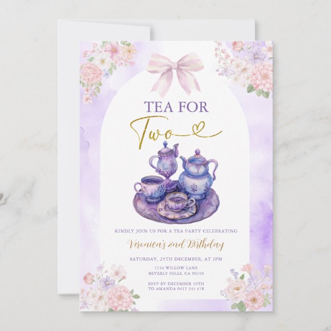 Boho Bow Purple Tea for two girl Birthday flowers Invitation (Front)