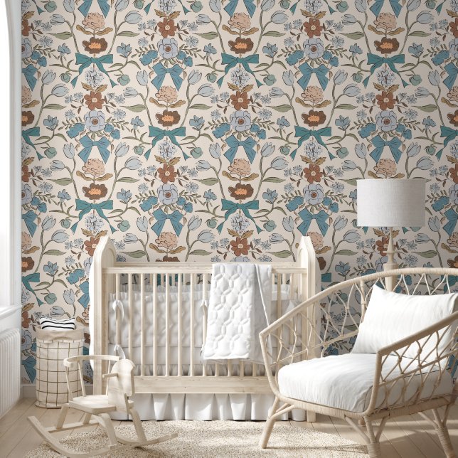Boho Bows and Blossoms Blue Nursery Room Wallpaper (Kids)