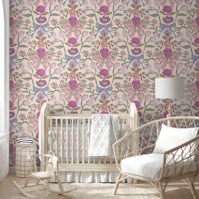 Boho Bows and Blossoms Pink Girl's Room Wallpaper (Kids)