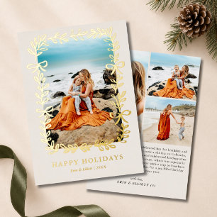 Boho Bows Rustic Wreath 4 Photo Family Gold Foil Holiday Card