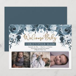 Boho Boy 3 Photo Blue Watercolor Gold Floral Birth Announcement