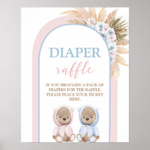 Boho Boy Girl Twins Bear Diaper Raffle sign