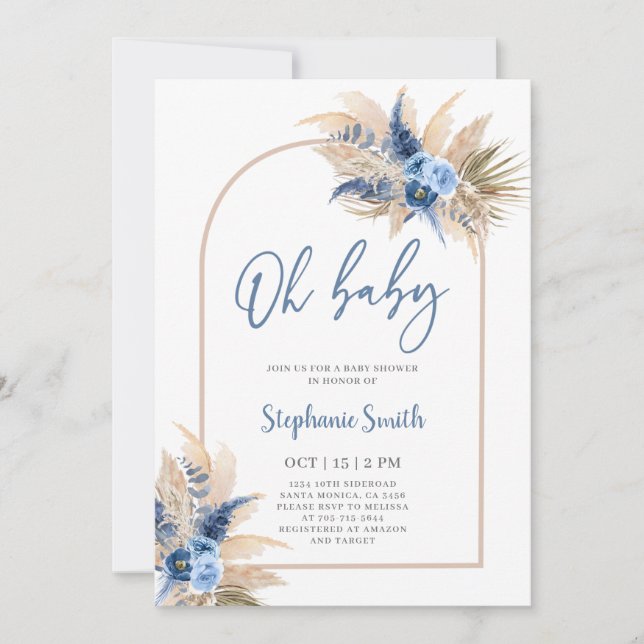 Boho Boy Pampas Grass Baby Shower Invitation (Front)