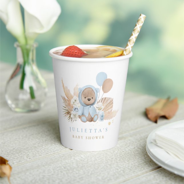 Boho Boy Teddy Bear Baby Shower Party Decorations Paper Cups (Insitu)