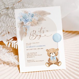 Boho Boy Teddy Bear Balloon Baby Shower Invitation