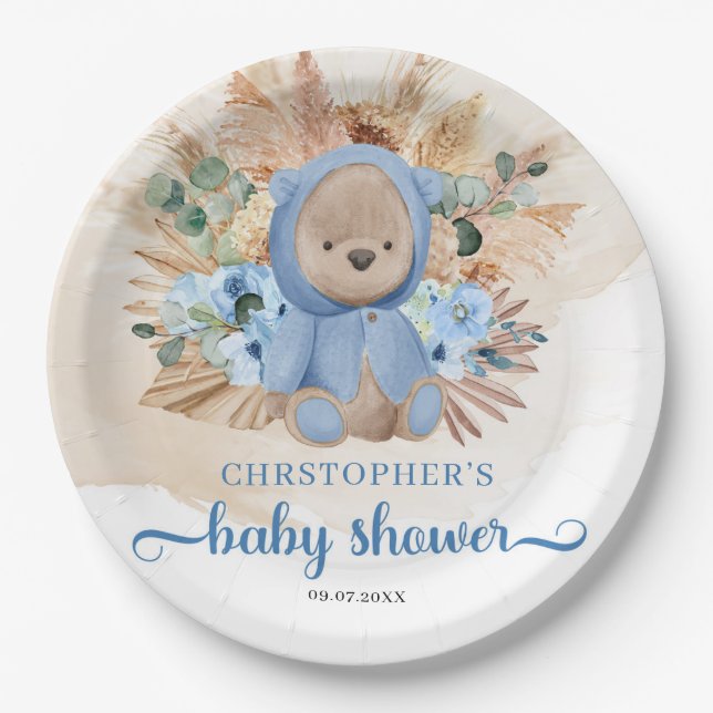 Boho Boy teddy bear pampas grass blue baby shower Paper Plate (Front)