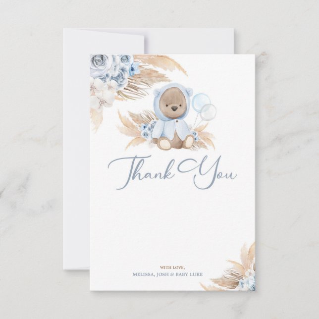 Boho Boy Teddy Bear Thank You Flat Card (Front)