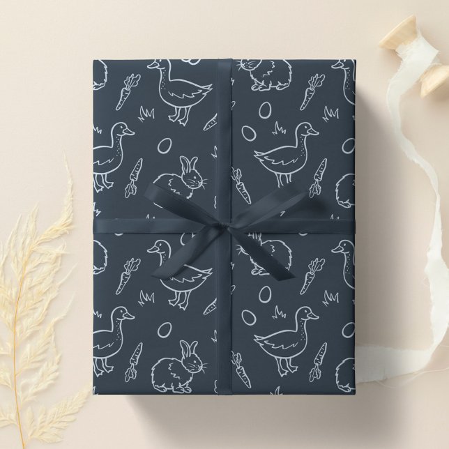 Boho Boys Easter Cute Bunny Rabbit Goose Dark Blue Wrapping Paper (Creator Uploaded)