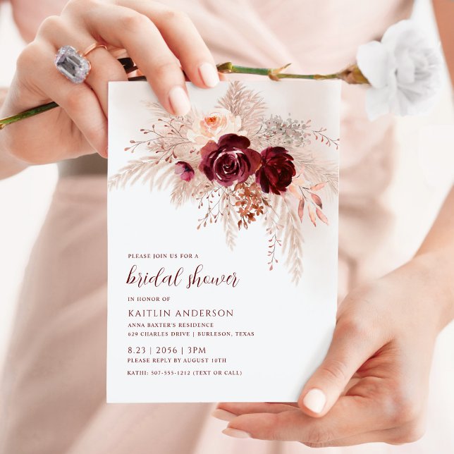 Boho Bridal Shower Burgundy Pampas Grass Roses Invitation (Creator Uploaded)