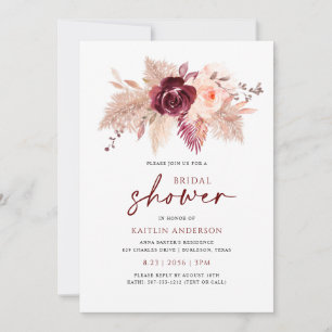 Boho Bridal Shower Burgundy Rose Gold Pampas Invitation