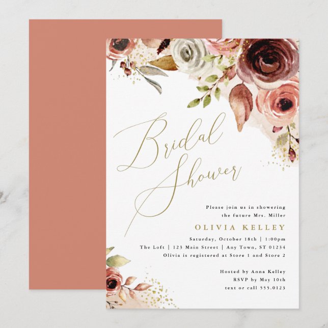 Boho Bridal Shower, Earthy Floral Gold Script Invitation (Front/Back)