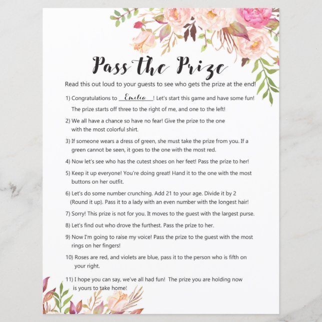 Boho Bridal Shower Game - Pass the Prize (Front)