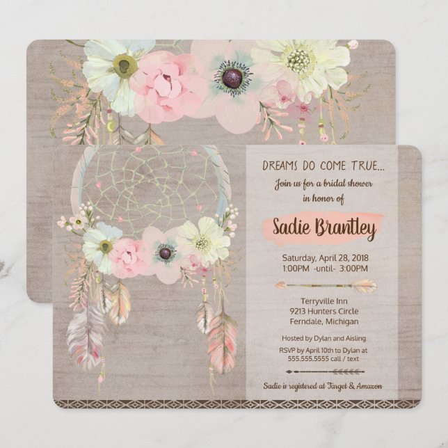 Boho Bridal Shower Invitation, Dreamcatcher Rustic Invitation (Front/Back)