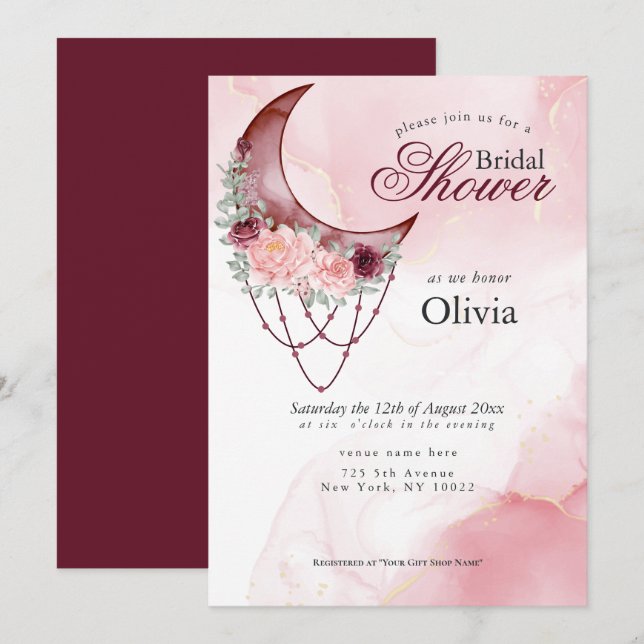 Boho Bridal Shower Pink Crescent Moon Mandala Invitation (Front/Back)