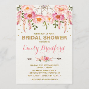 Boho Bridal Shower Pink Gold Floral Dreamcatcher Invitation