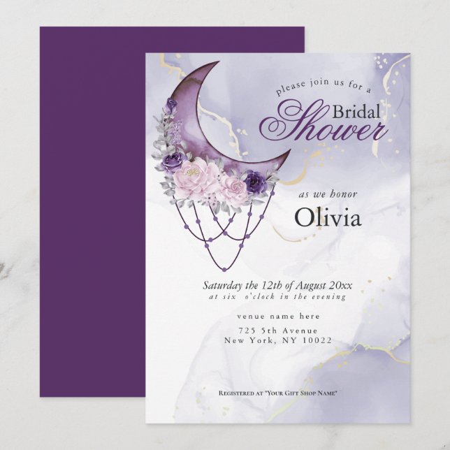 Boho Bridal Shower Purple Crescent Moon Mandala Invitation (Front/Back)