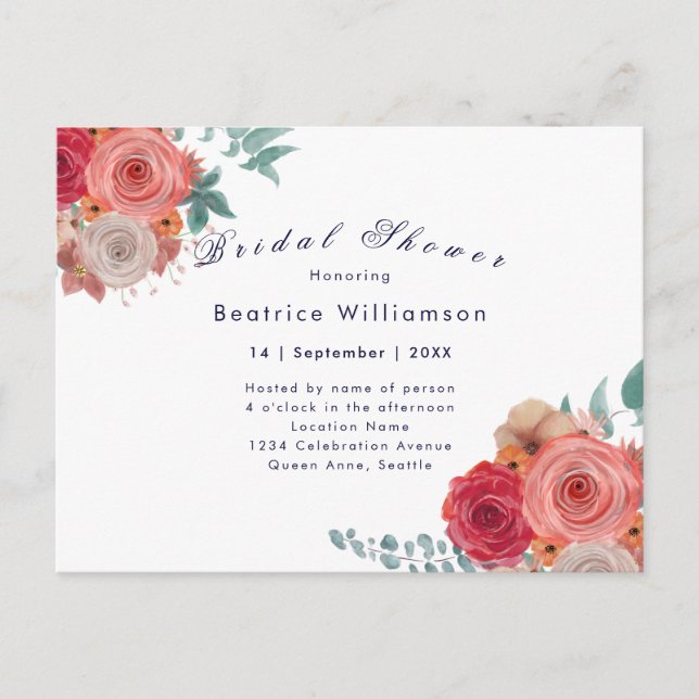 Boho bridal shower red rose floral invitation postcard (Front)