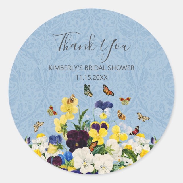 Boho Bridal Shower Thank You Pansies Butterflies Classic Round Sticker (Front)