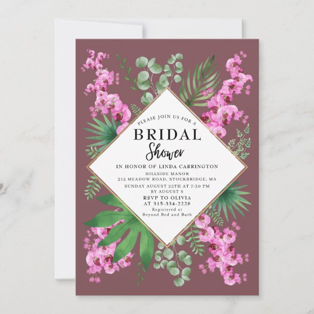 Boho Bridal Shower Tropical Floral QR Code Purple Invitation (Front)