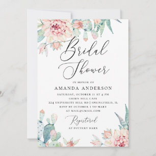 Boho Bridal Shower   Watercolor Cactus Floral Invitation