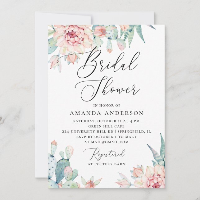 Boho Bridal Shower | Watercolor Cactus Floral Invitation (Front)