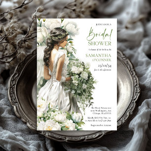 Boho bride with peonies bouquet forest greenery invitation