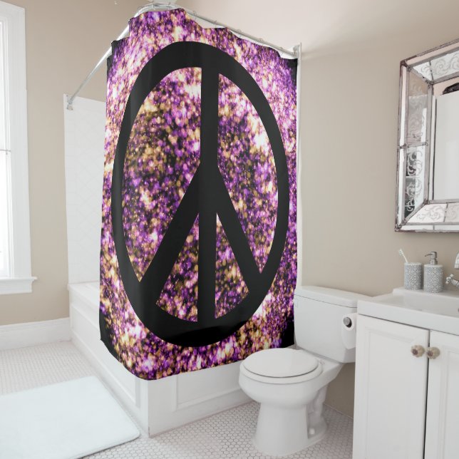 Boho Bright Blurry Sparkly Lights Peace Sign Shower Curtain (In Situ)
