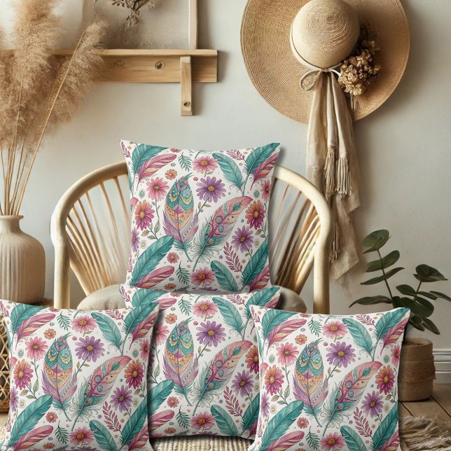 Boho Bright Feathers Throw Pillow (Creator Uploaded)