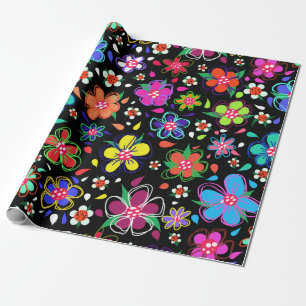 Boho Bright Flowers on Black Any Occasion  Wrapping Paper
