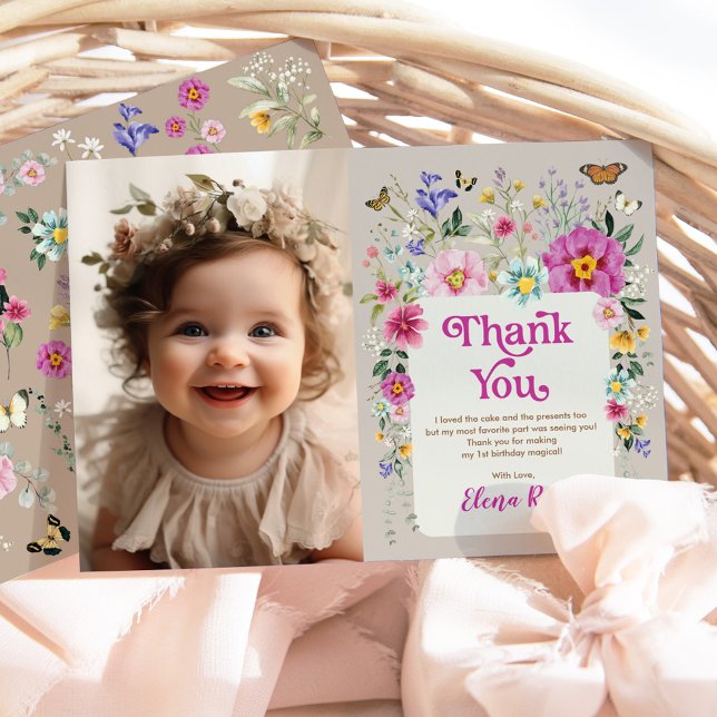 Boho Bright Flowers Wild One Birthday Photo Thank You Card (Creator Uploaded)