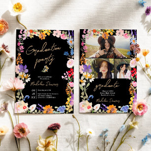 Boho Bright Wildflower Black Photo Graduation Invitation
