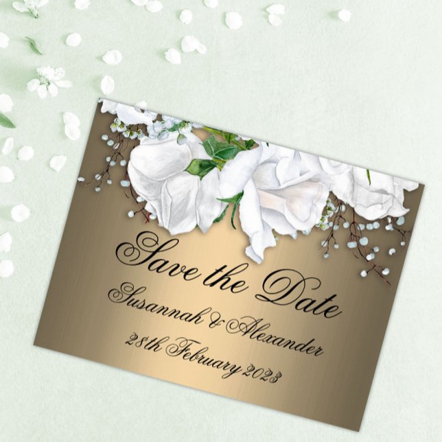 Boho Bronze and White Roses Save the Date Wedding  Announcement Postcard (Creator Uploaded)