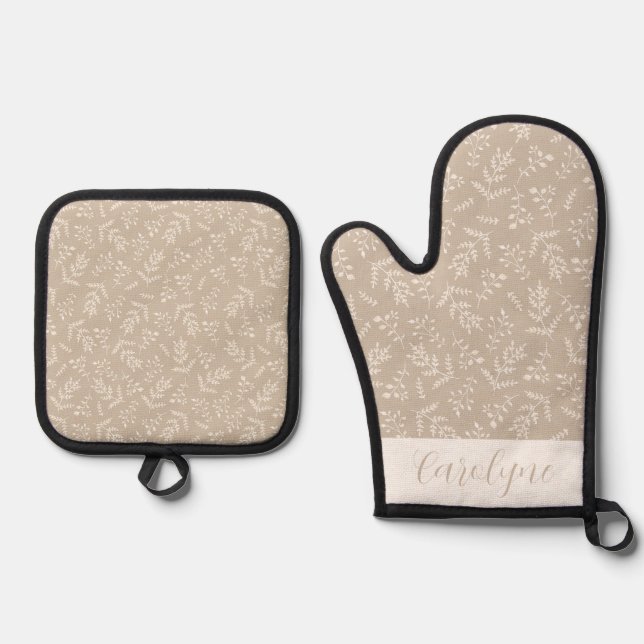 Boho Brown and Ivory Foliage Pattern Personalised Oven Mitt & Pot Holder Set (Front)