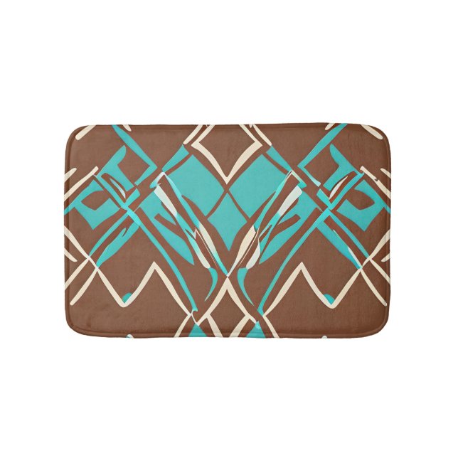 Boho Brown and Turquoise Geometric Shapes Pattern Bath Mat (Front)