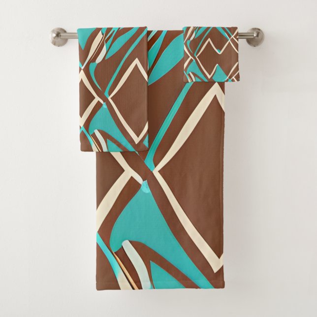 Boho Brown and Turquoise Geometric Shapes Pattern  Bath Towel Set (Insitu)