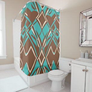 Boho Brown and Turquoise Geometric Shapes Pattern  Shower Curtain