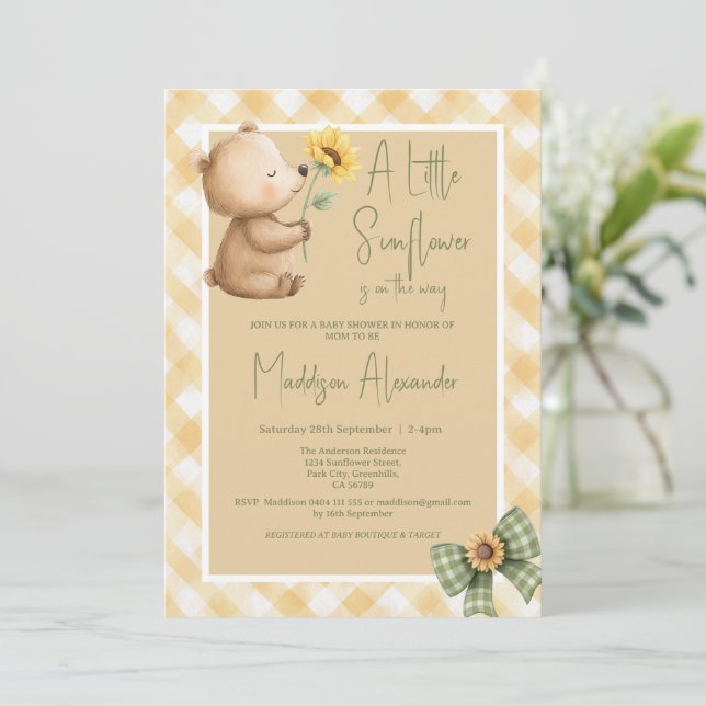 Boho Brown Bear Sunflower Baby Shower Invitation (Standing Front)
