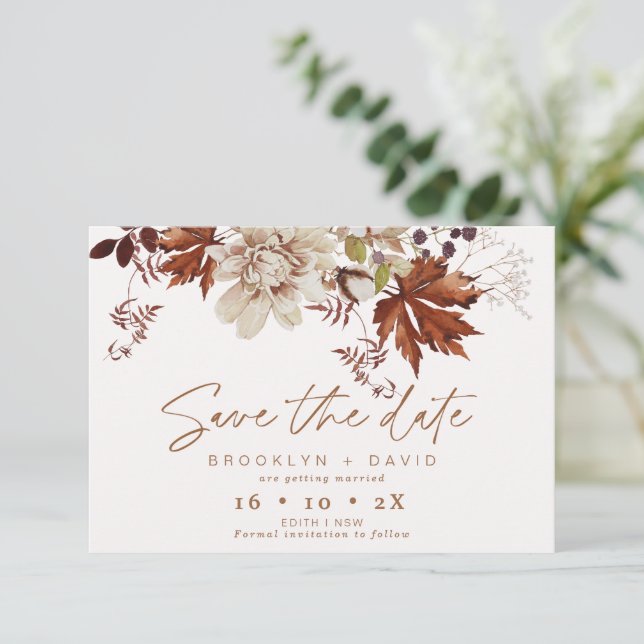 Boho Brown Fall Floral Wedding Save The Date Card (Standing Front)